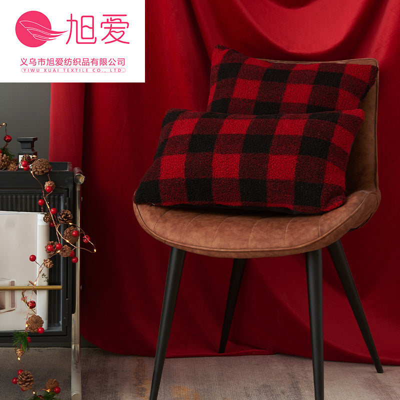 Wholesale Christmas red,  black,  and white checkerboard faux lambskin pillowcase